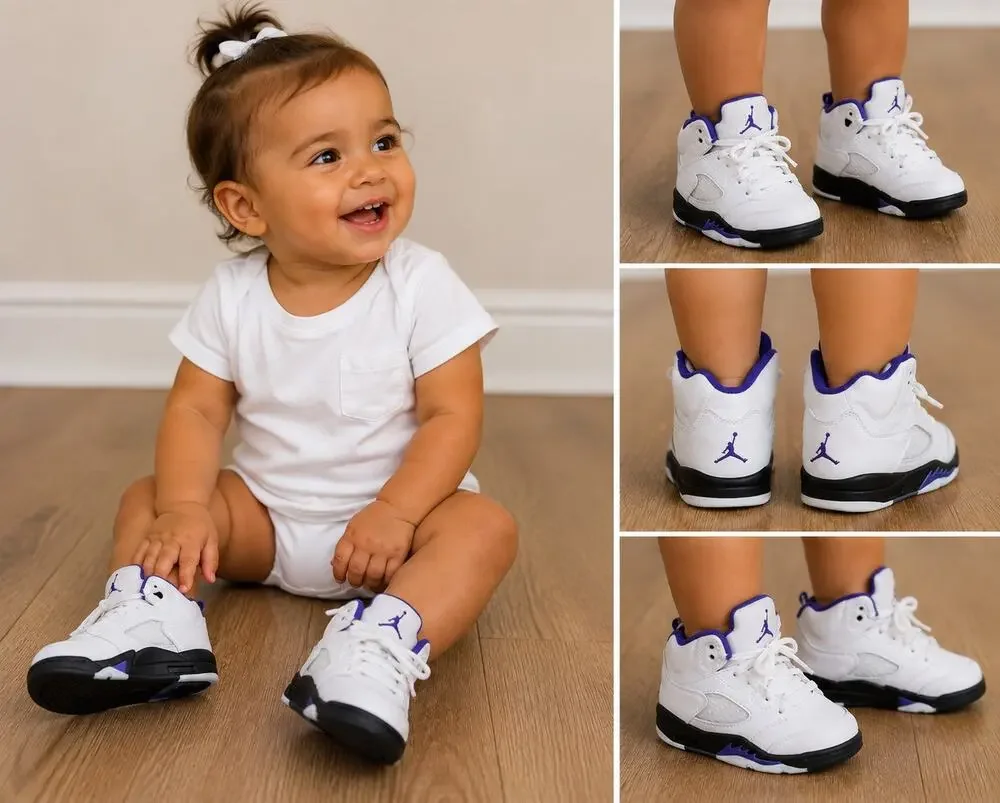 Nike Air Jordan 5 Retro Sneakers Shoe Baby Toddler 4C White Dark Concord Purple